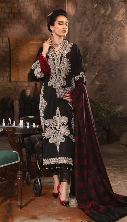 Unstitched Linen DL-1004-Black and Maroon