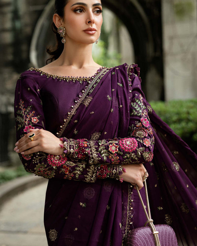 Stitched Embroidered Chiffon Saree