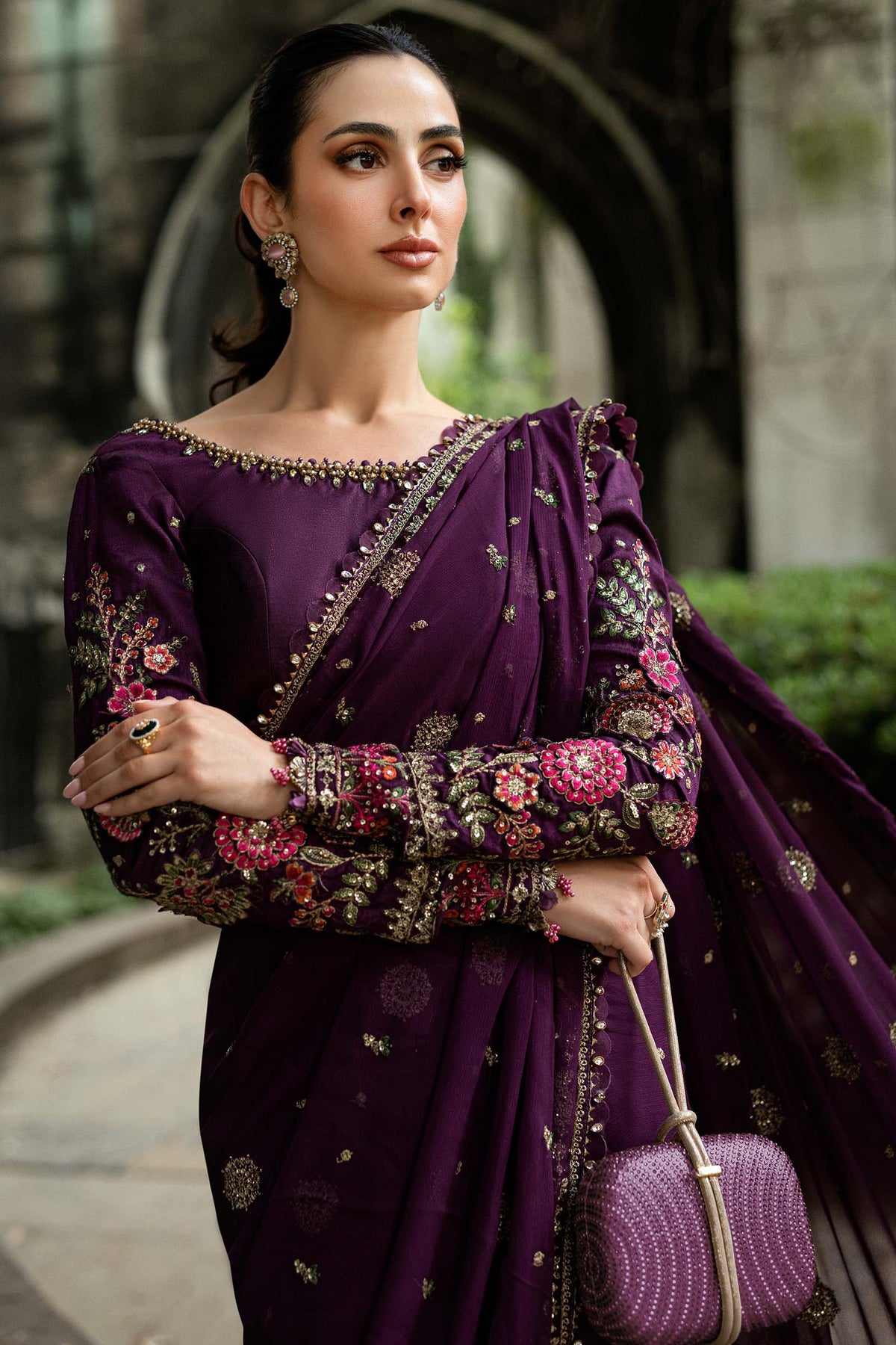 Stitched Embroidered Chiffon Saree