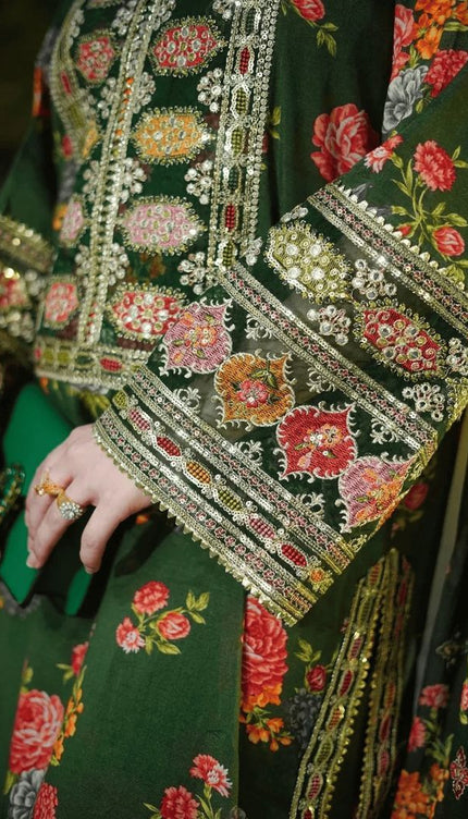 Green Floral Embroidered 3-Piece Suit