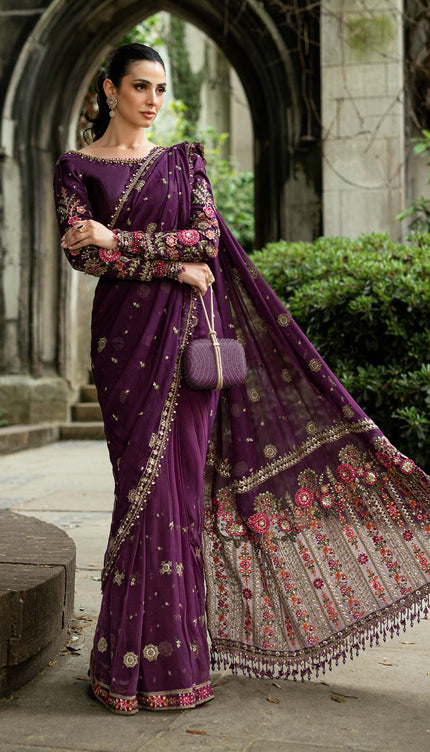 Stitched Embroidered Chiffon Saree