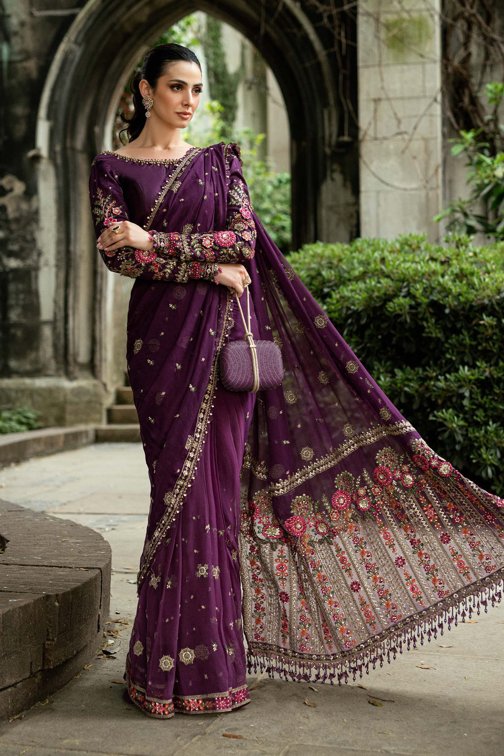 Stitched Embroidered Chiffon Saree