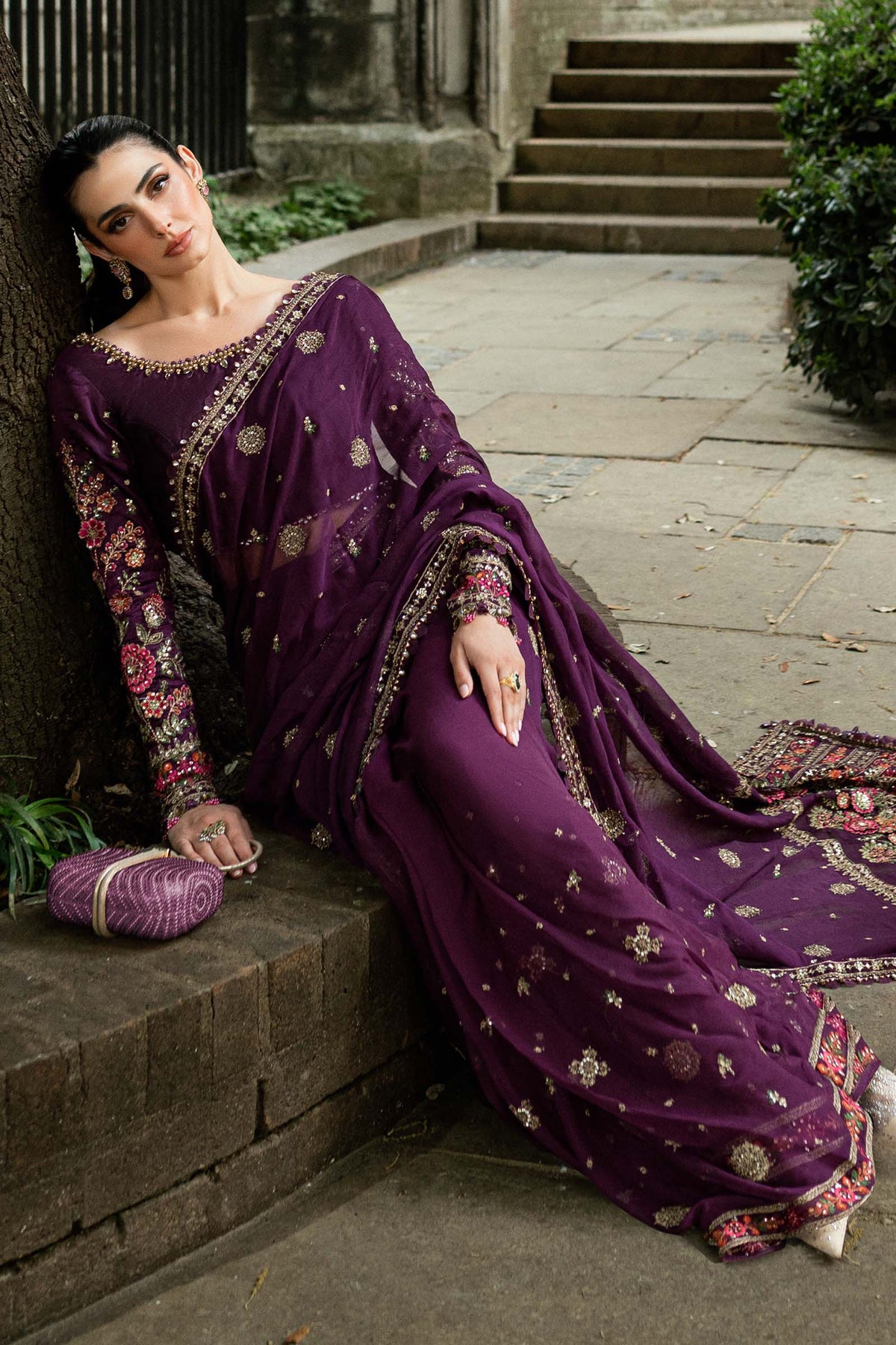 Stitched Embroidered Chiffon Saree