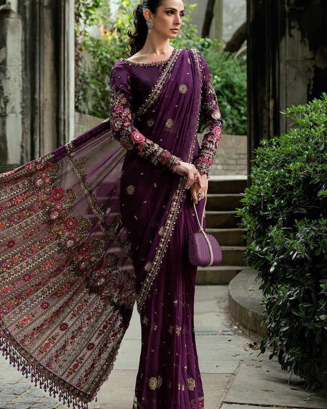 Stitched Embroidered Chiffon Saree