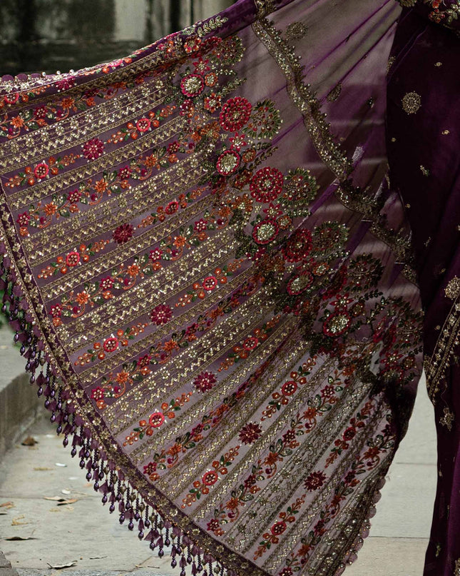 Stitched Embroidered Chiffon Saree