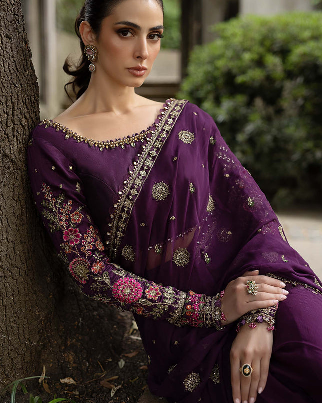 Stitched Embroidered Chiffon Saree