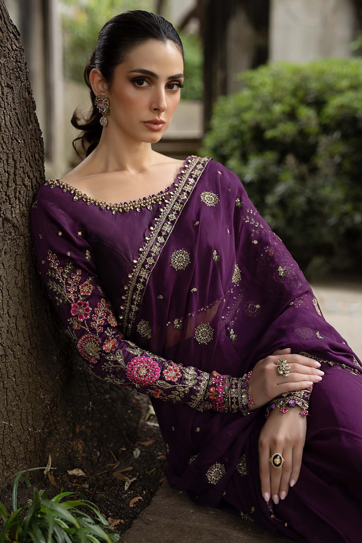 Stitched Embroidered Chiffon Saree