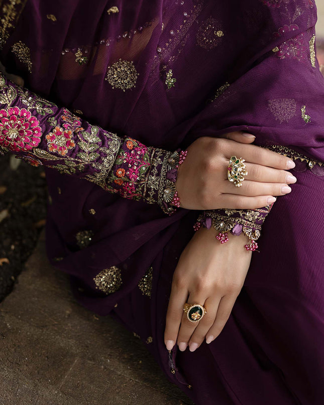 Stitched Embroidered Chiffon Saree