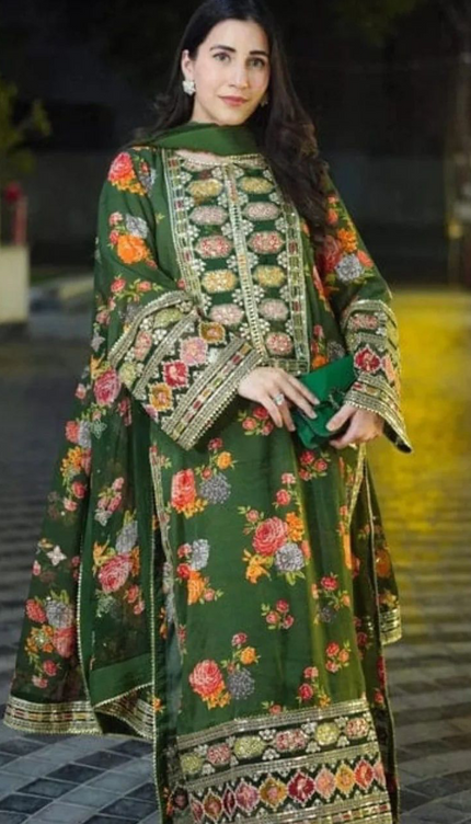 Green Floral Embroidered 3-Piece Suit