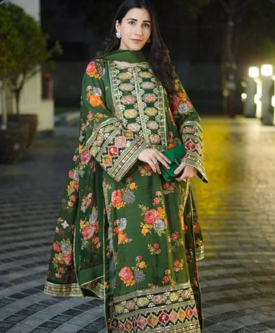 Green Floral Embroidered 3-Piece Suit