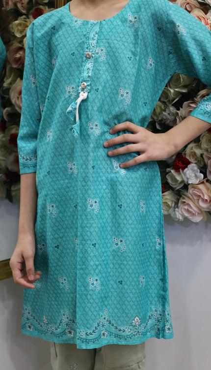 Girls’ Aqua Blue Printed Kurti