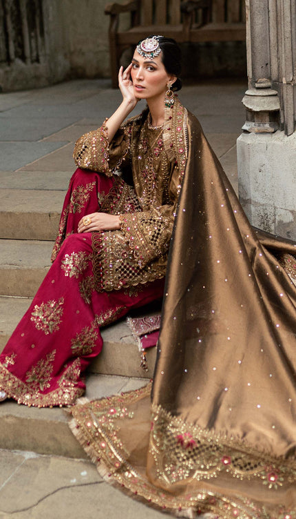3 Piece Stitched Embroidered Raw Silk Suit