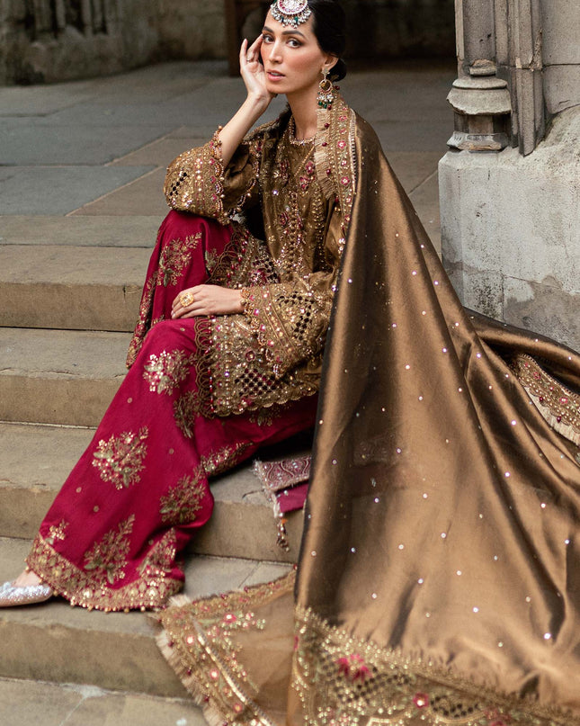 3 Piece Stitched Embroidered Raw Silk Suit