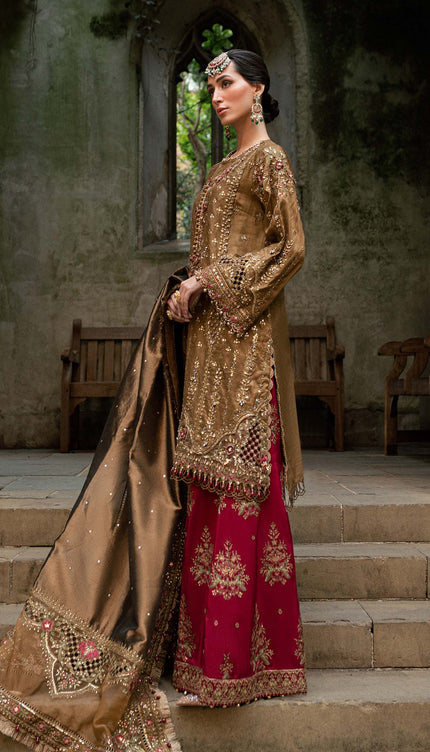 3 Piece Stitched Embroidered Raw Silk Suit