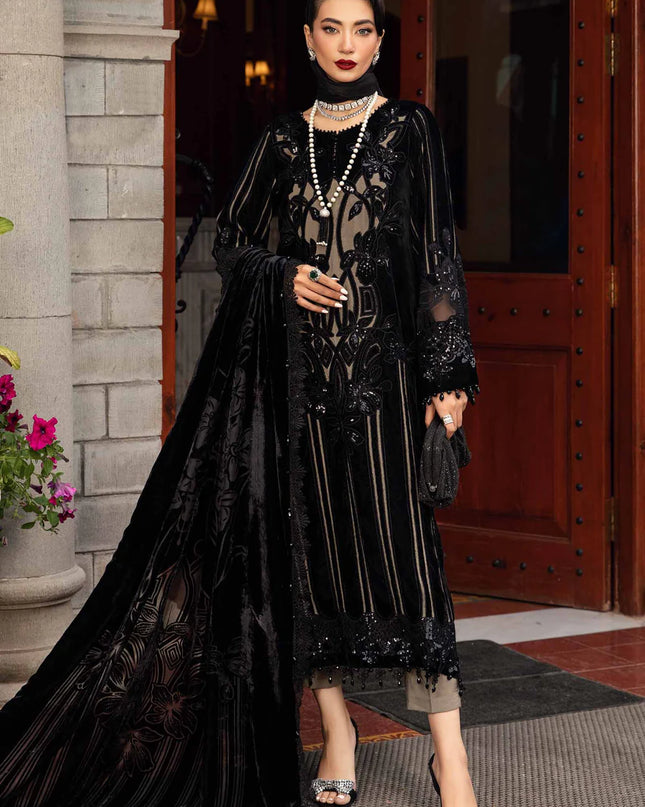 3 Piece Unstitched Embroidered Velvet Suit | DL-1205