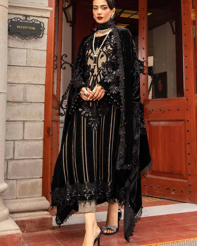 3 Piece Unstitched Embroidered Velvet Suit | DL-1205