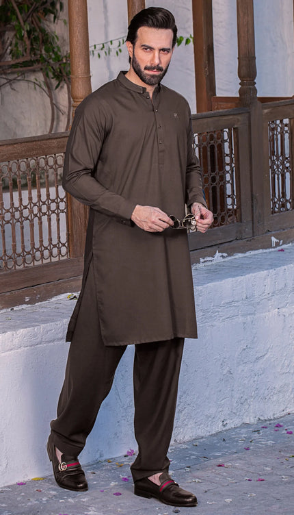 NAWABI STITCHED SUIT With SHALWAR - Mocha Brown