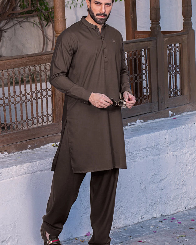 NAWABI STITCHED SUIT With SHALWAR - Mocha Brown