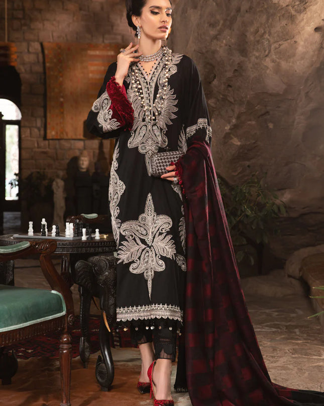 Unstitched Linen DL-1004-Black and Maroon