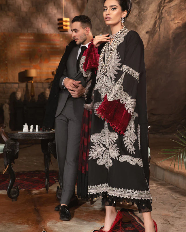 Unstitched Linen DL-1004-Black and Maroon