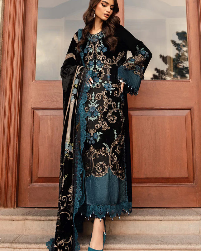 3 Piece Unstitched Embroidered Velvet Suit | DL-1208