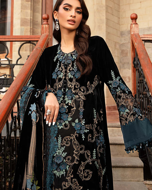 3 Piece Unstitched Embroidered Velvet Suit | DL-1208