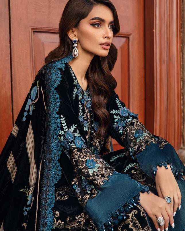 3 Piece Unstitched Embroidered Velvet Suit | DL-1208