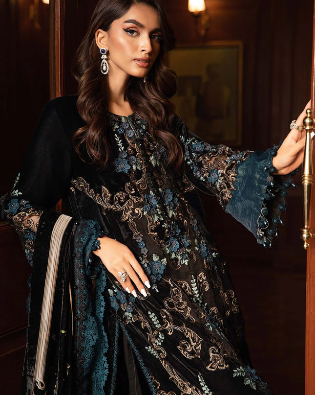 3 Piece Unstitched Embroidered Velvet Suit | DL-1208