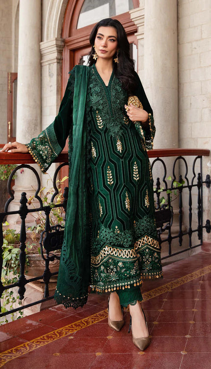 3 Piece Unstitched Embroidered Velvet Suit | DL-1212
