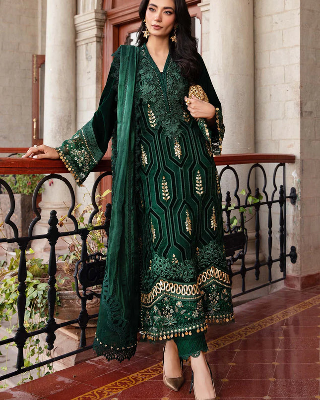 3 Piece Unstitched Embroidered Velvet Suit | DL-1212