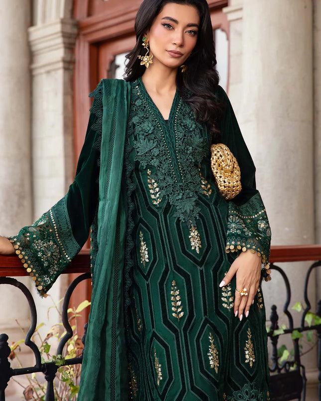 3 Piece Unstitched Embroidered Velvet Suit | DL-1212