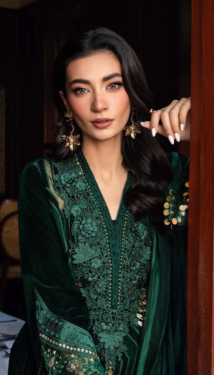 3 Piece Unstitched Embroidered Velvet Suit | DL-1212
