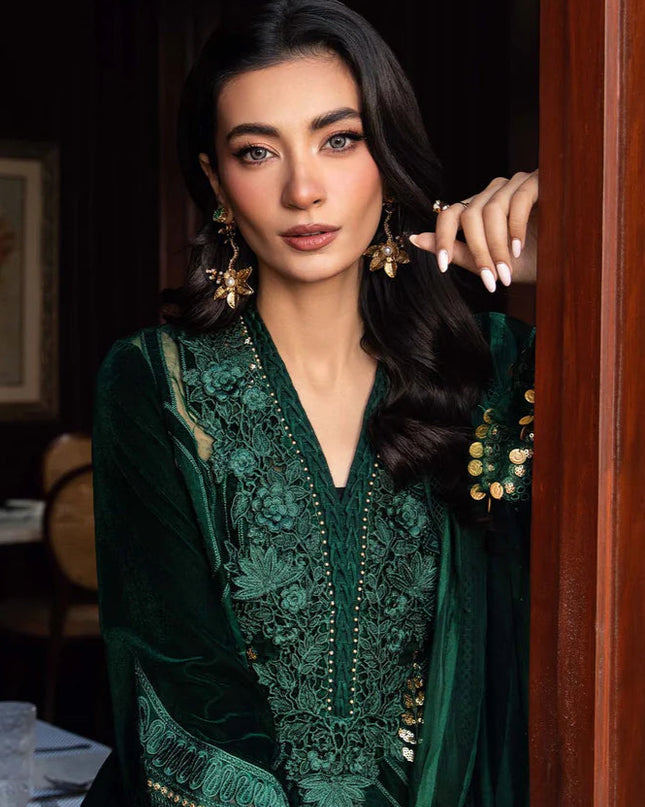 3 Piece Unstitched Embroidered Velvet Suit | DL-1212