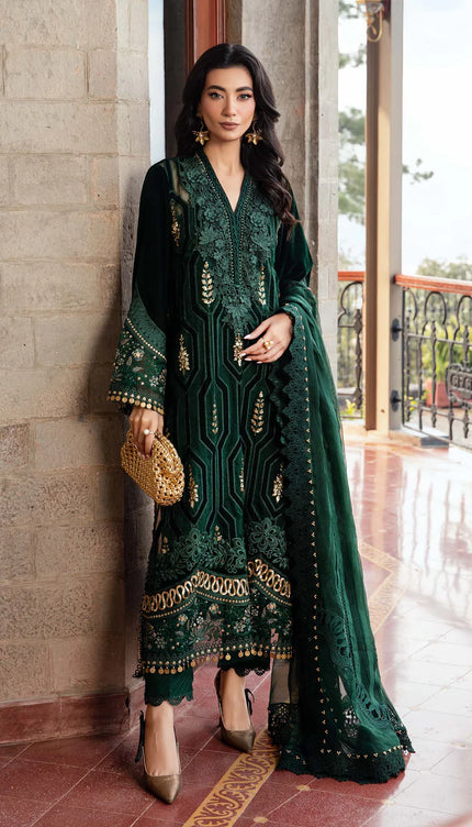 3 Piece Unstitched Embroidered Velvet Suit | DL-1212