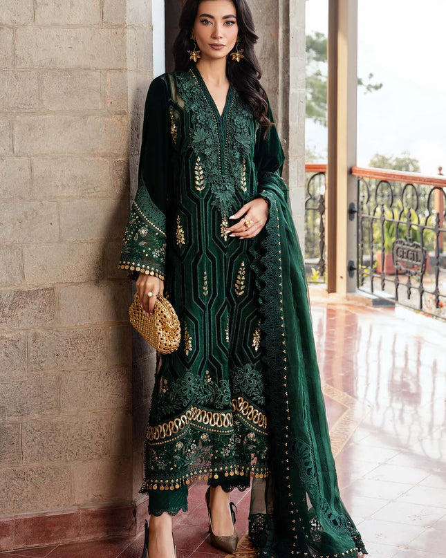 3 Piece Unstitched Embroidered Velvet Suit | DL-1212