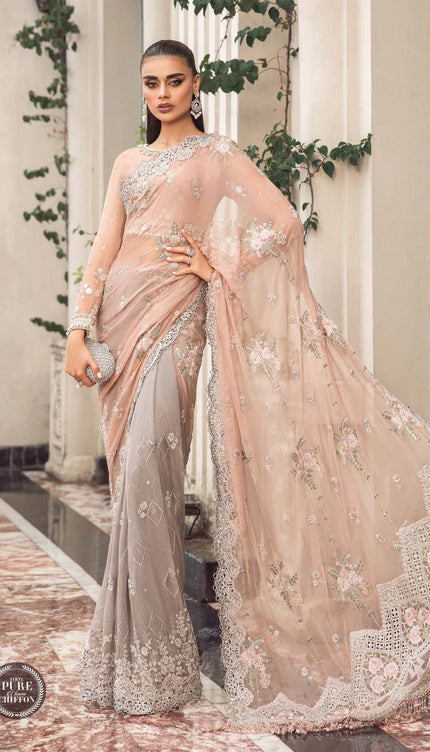 Stitched Chiffon | MPC-23-105 Peach And Grey