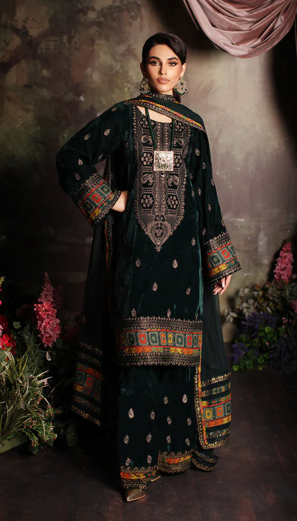 3 Pc Stitched Embroidered Velvet With Embroidered Chiffon Dupatta