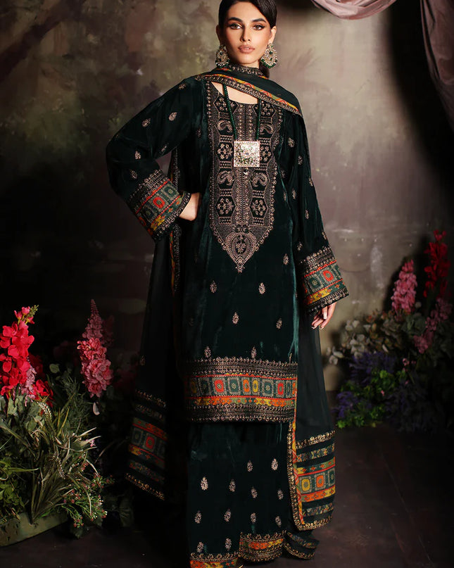 3 Pc Stitched Embroidered Velvet With Embroidered Chiffon Dupatta