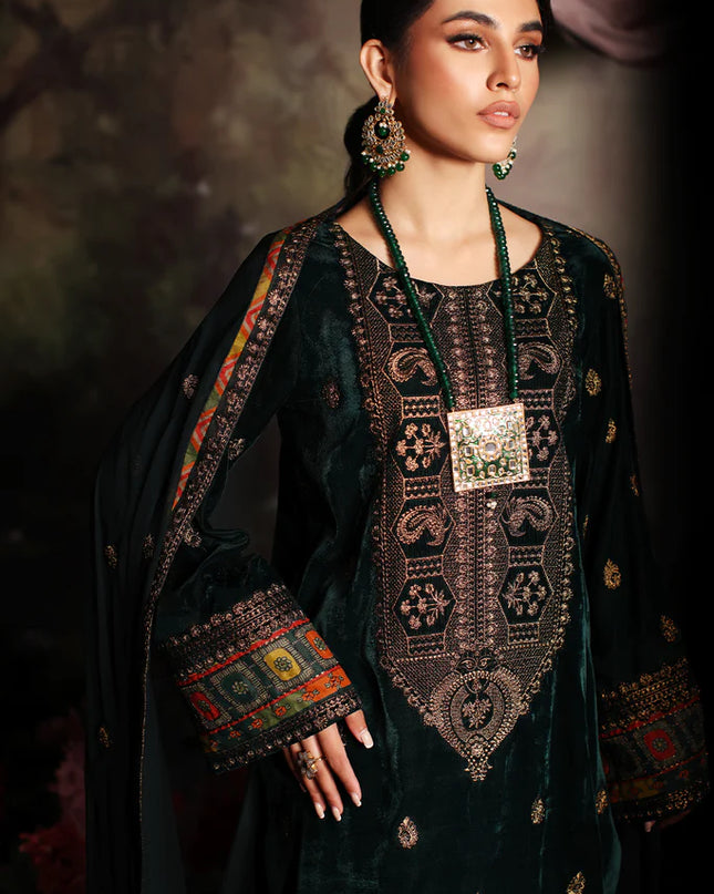 3 Pc Stitched Embroidered Velvet With Embroidered Chiffon Dupatta