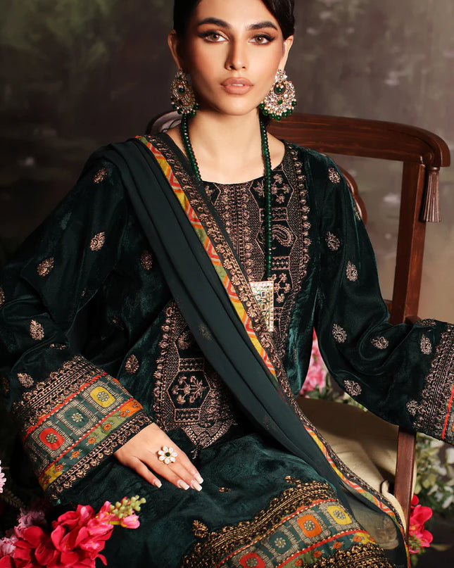 3 Pc Stitched Embroidered Velvet With Embroidered Chiffon Dupatta