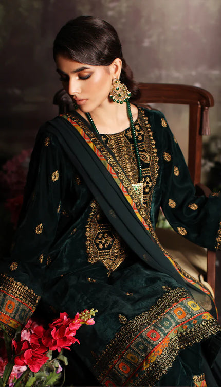 3 Pc Stitched Embroidered Velvet With Embroidered Chiffon Dupatta
