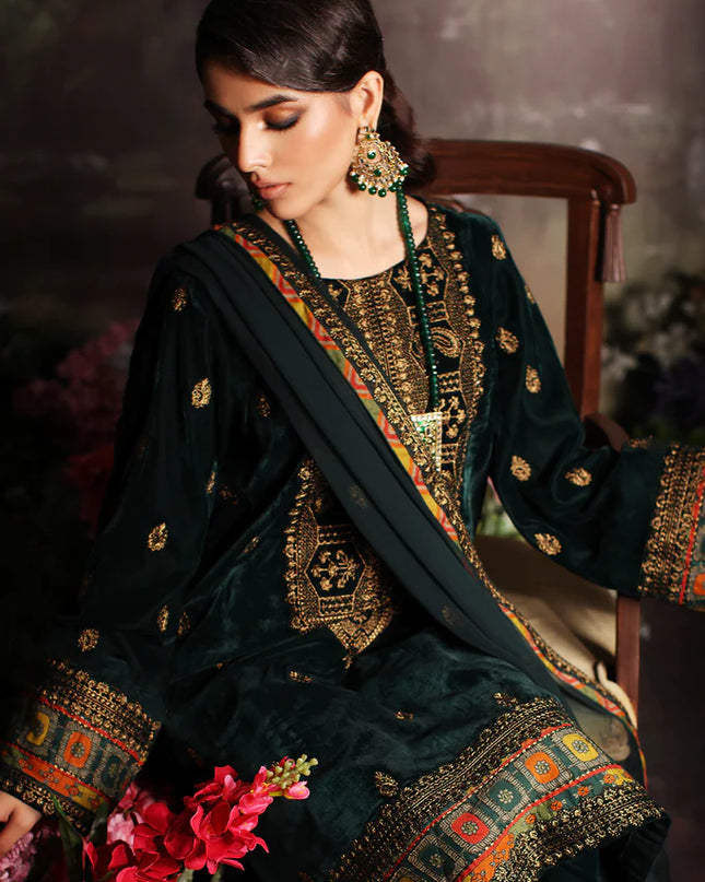 3 Pc Stitched Embroidered Velvet With Embroidered Chiffon Dupatta