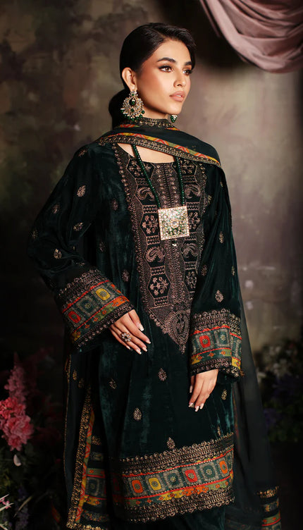 3 Pc Stitched Embroidered Velvet With Embroidered Chiffon Dupatta