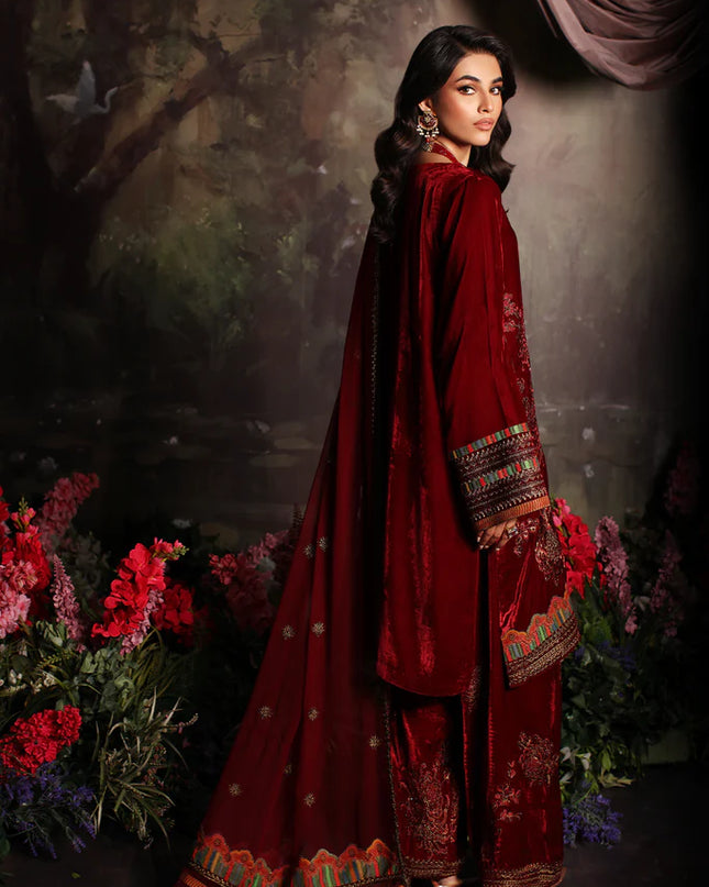 3 Pc stitched Embroidered Velvet With Embroidered Chiffon Dupatta CVT3-03