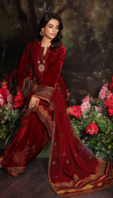 3 Pc stitched Embroidered Velvet With Embroidered Chiffon Dupatta CVT3-03