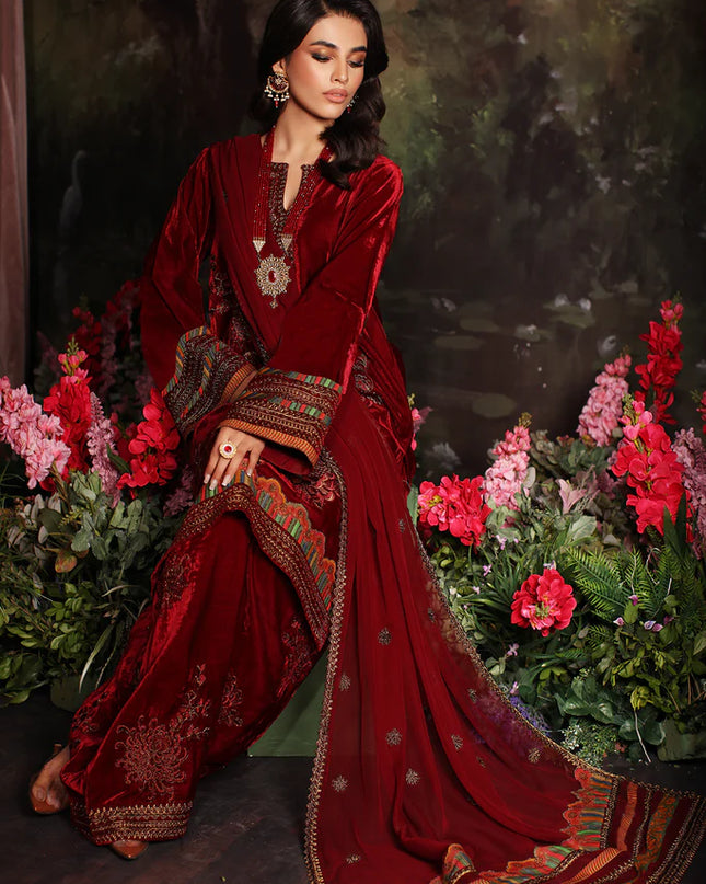 3 Pc stitched Embroidered Velvet With Embroidered Chiffon Dupatta CVT3-03