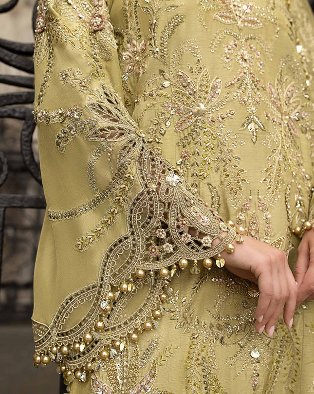 3 Piece Stitched Embroidered Raw Silk Suit