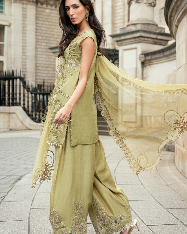 3 Piece Stitched Embroidered Raw Silk Suit
