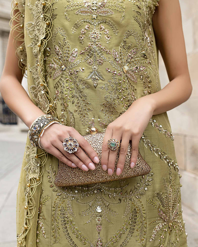 3 Piece Stitched Embroidered Raw Silk Suit