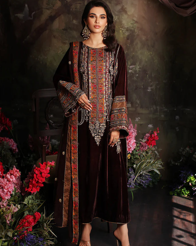 3 Pc Stitched Embroidered Velvet With Embroidered Chiffon Dupatta CVT3-06